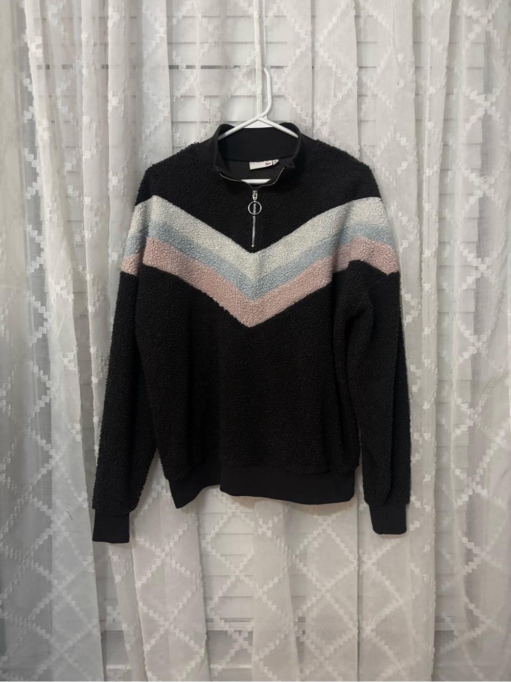 SO Black Sherpa Pullover with Blue and Pink Chevron Stripes